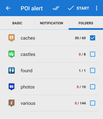 Caches folder selection