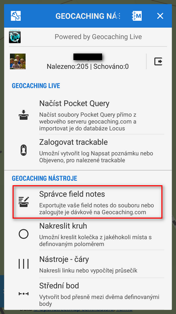 Geocaching nástroje > Správce field notes