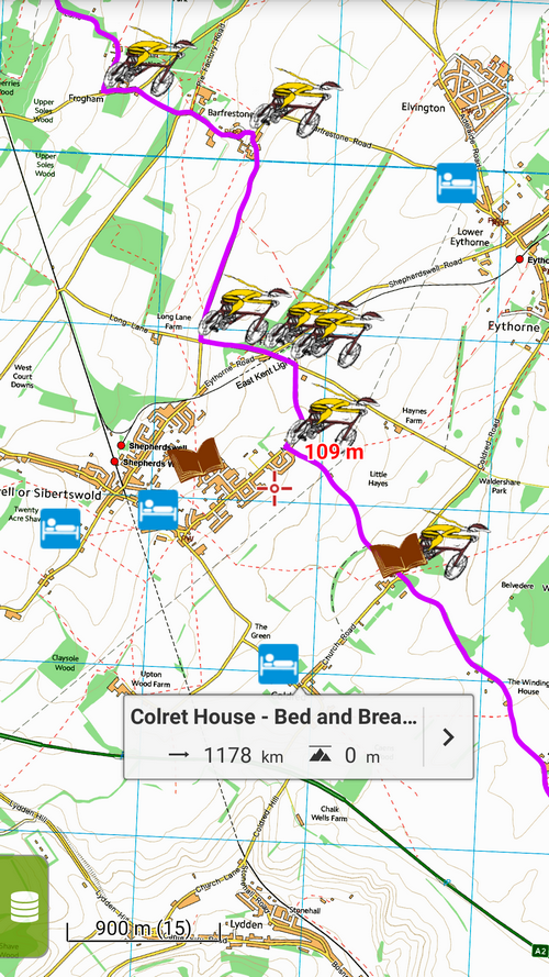 Sample of the route with navigation posts, accomodation and sightseeing tips 