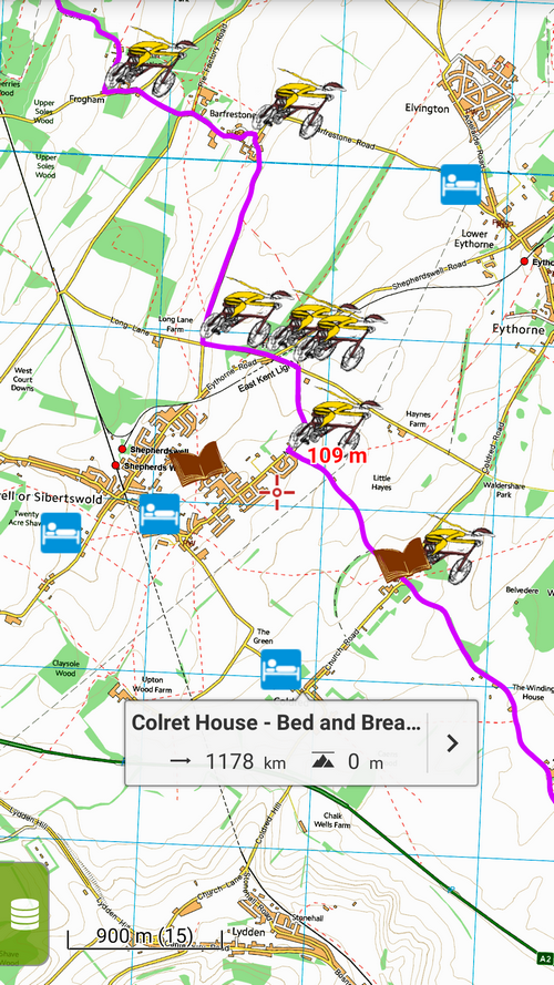 Sample of the route with navigation posts, accomodation and sightseeing tips
