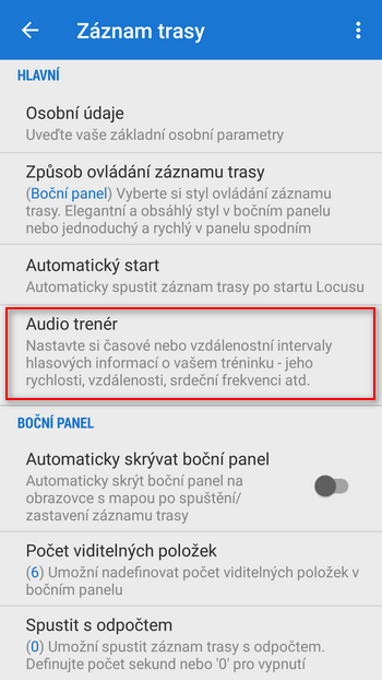 Audio trenér v nastavení záznamu trasy