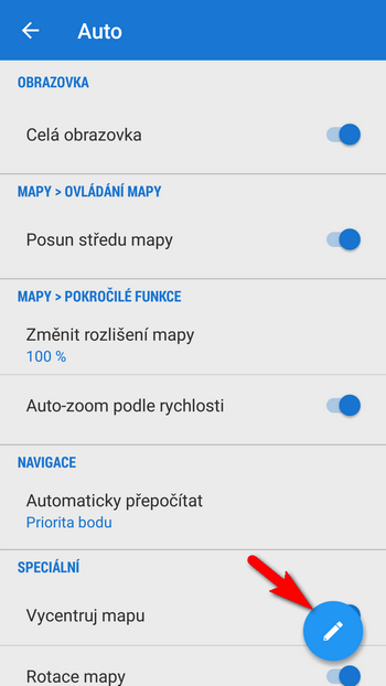 panel přepínačů nastavení předvoleb