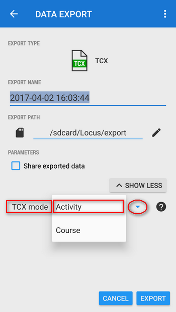 TCX export modes