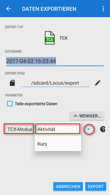 TCX export modes