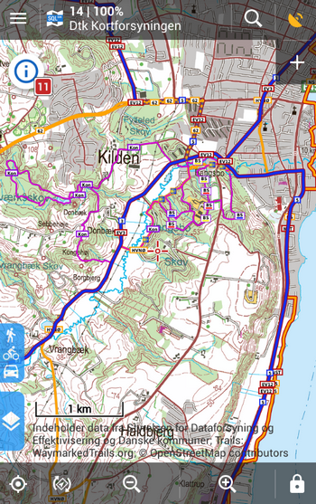 Topographic maps of Denmark including hiking and biking trails