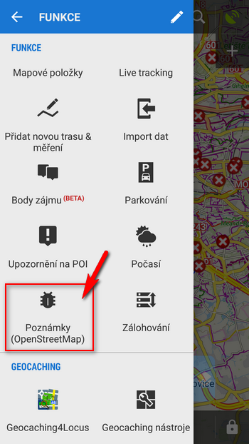 OSM Poznámky v menu Locusu