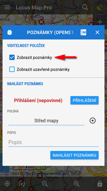 Zapněte zobrazení OSM Poznámek na mapě